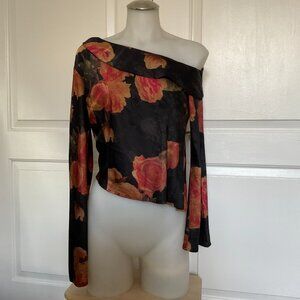 isalis Black Floral Print Satin Off-the-Shoulder Top